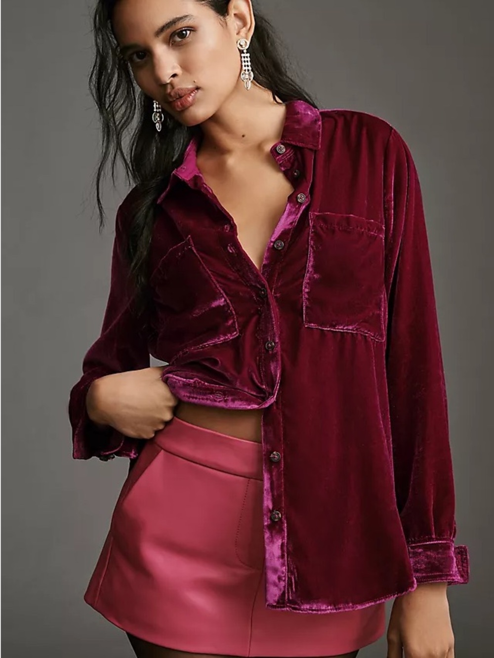 Pilcro Anthropologie Velvet Button-Down Shirt in Deep Burgundy - Women's Top